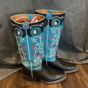 Tony Lama Blue and Black Floral Embroidered Western Heeled Boots